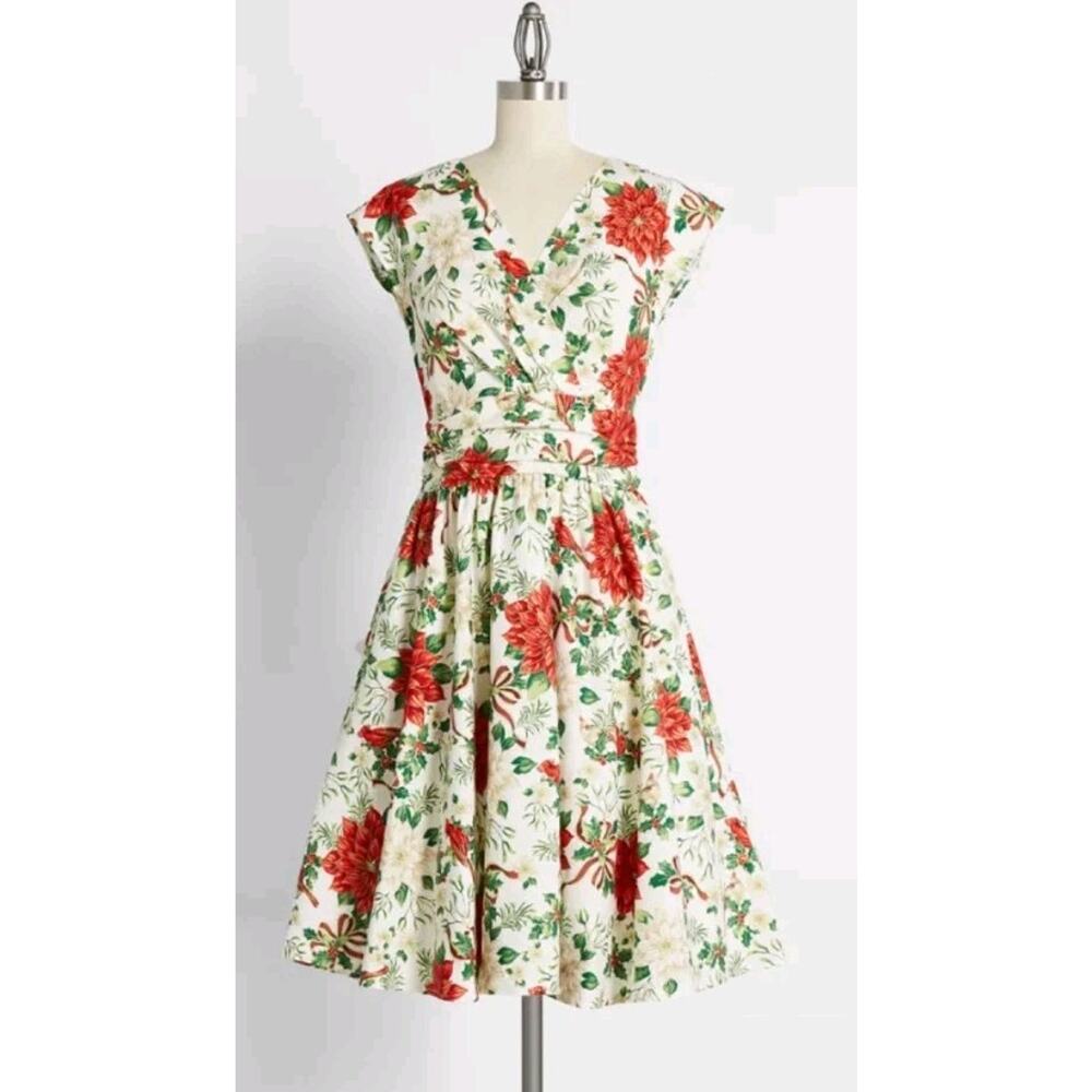 Retrolicious Modcloth Cardinal Christmas Holiday Poinsetta Floral Swing Dress XL